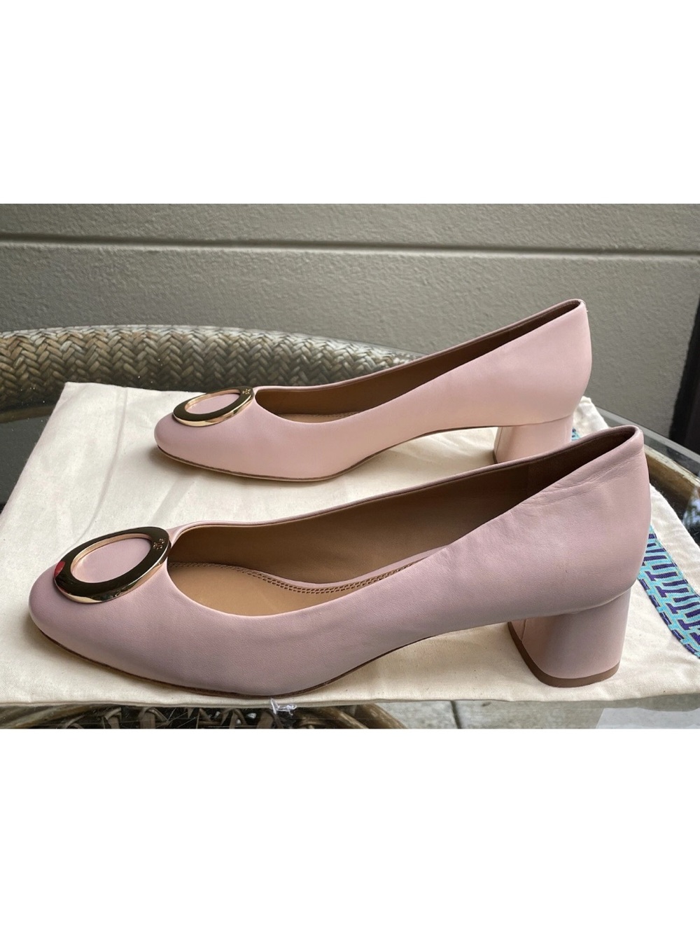 Tory Burch Pale Pink Low Block Heel Pumps with Gold Ring